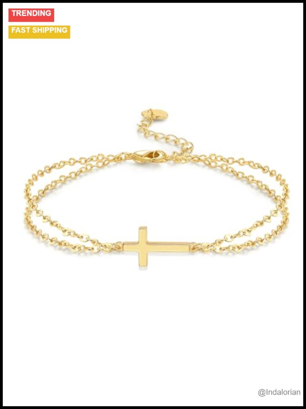 14K Gold Plated Sideways Cross Bracelet Layered Double Chain Adjustable